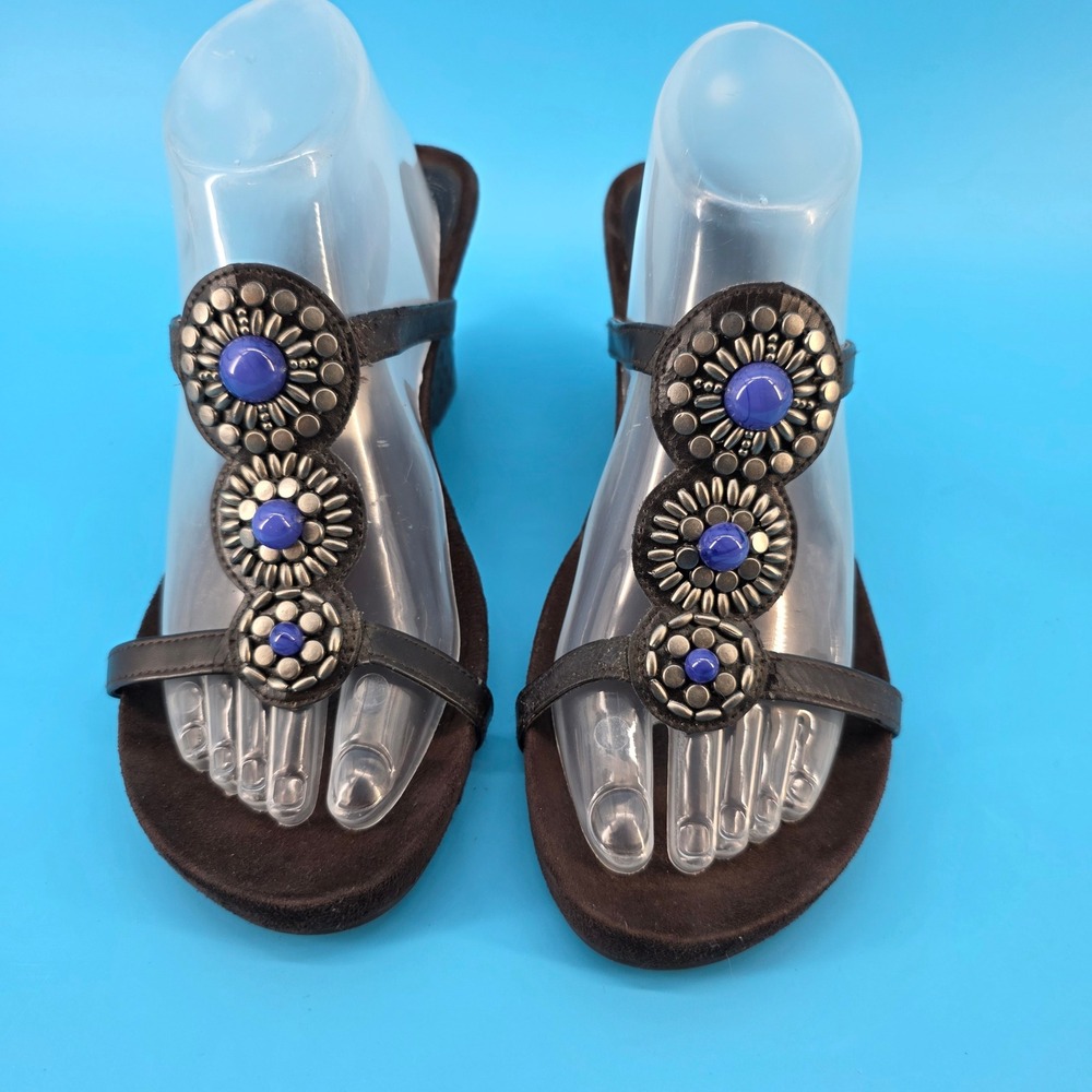 Montego Bay Club Womens size 10 Brown Wedge Sandals Blue Stone Medallion Boho